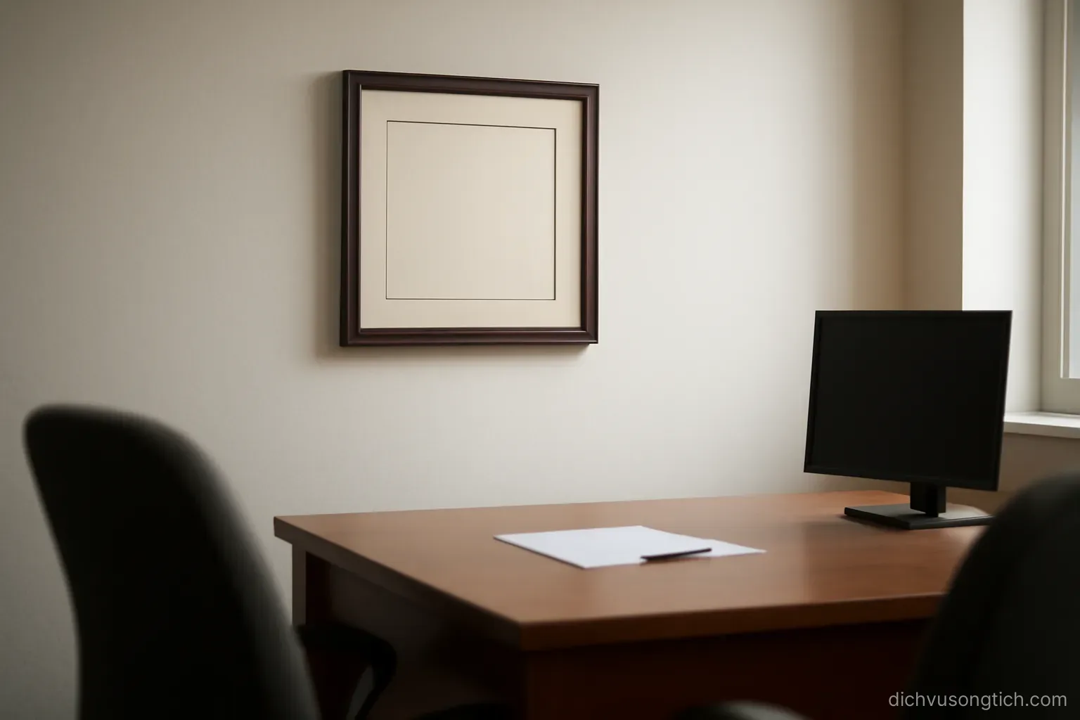 a framed practising certificate on an office wall, a desk with two chairs in the foreground out of focus