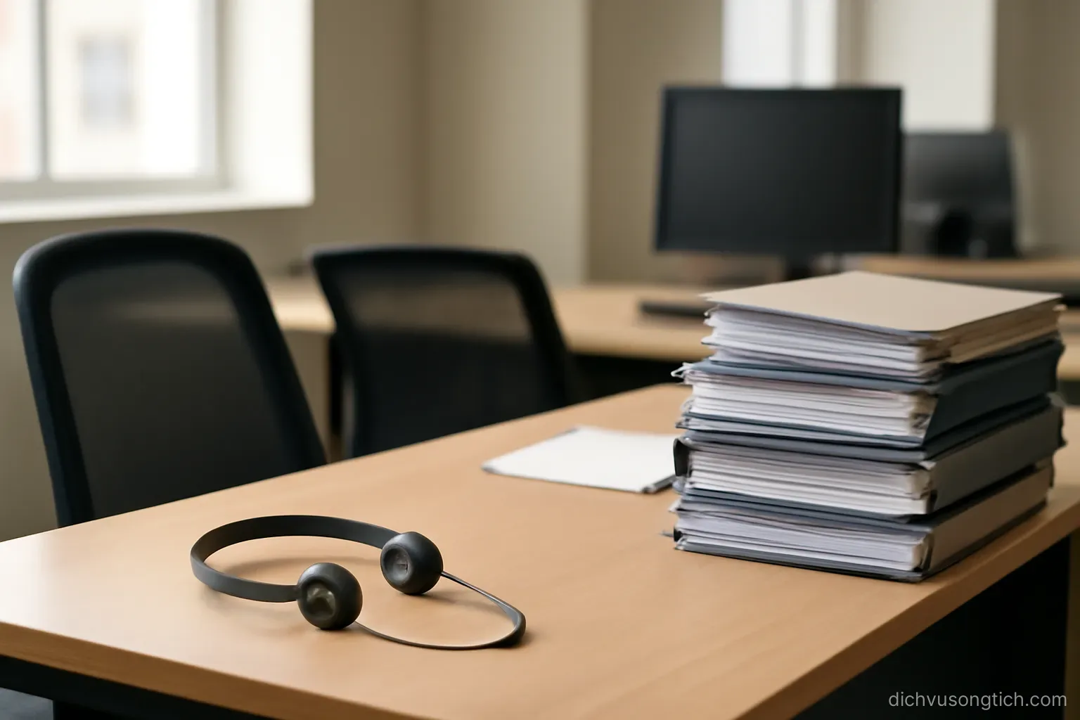 two desks in an open office, one empty with a phone headset, the other stacked with document folders