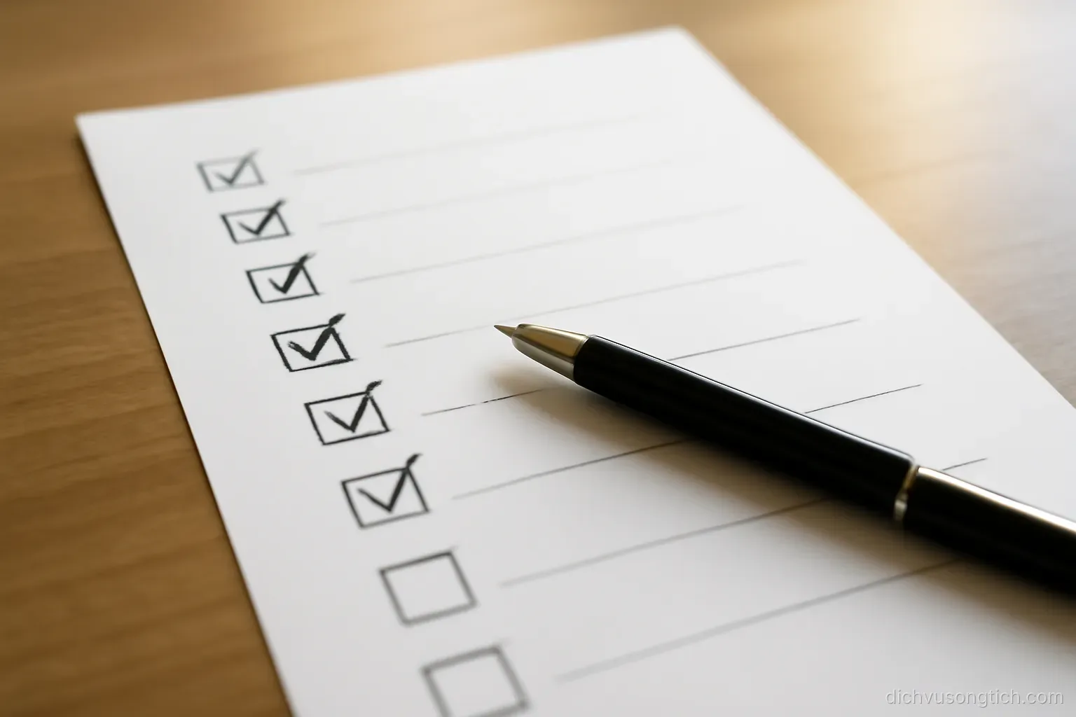 a printed checklist with several boxes ticked and two left blank, a pen lying across the lower half