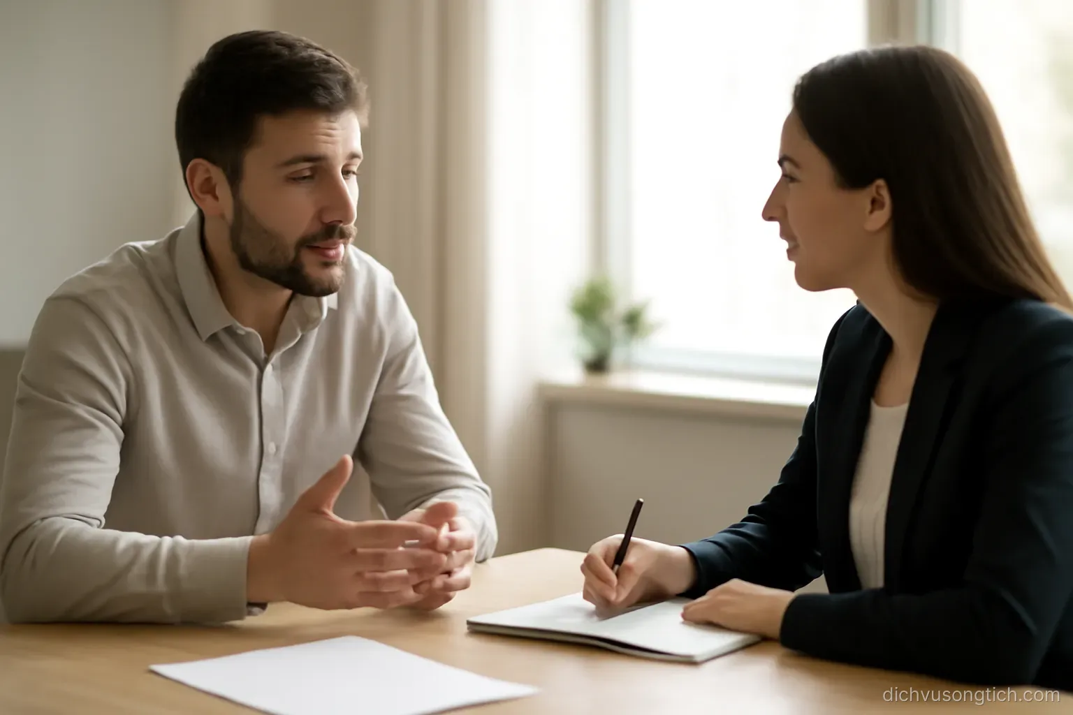 two people talking across a small meeting table, one taking notes in a notebook, natural light behind