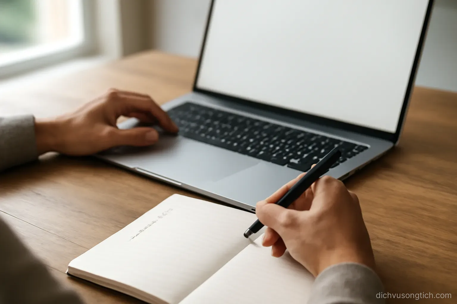 a person at a laptop with a notebook open, four short items written in a numbered list on the page