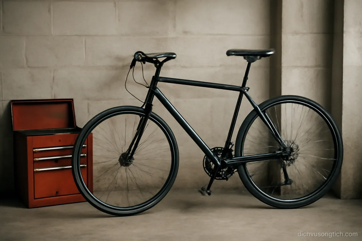 a bicycle with one wheel removed leaning against a workshop wall beside a toolbox