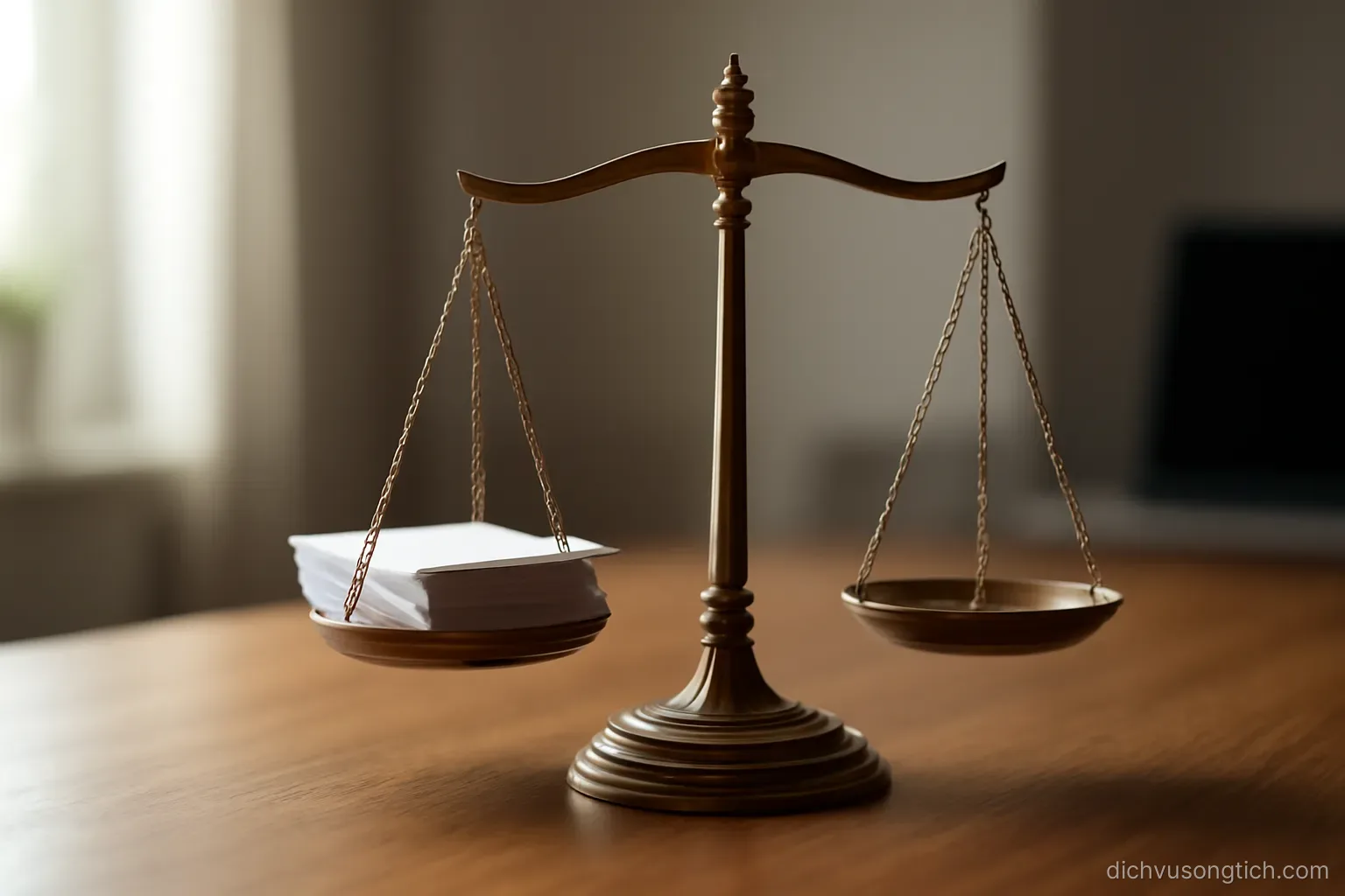 a balance scale sitting on a desk with a small stack of papers on one side
