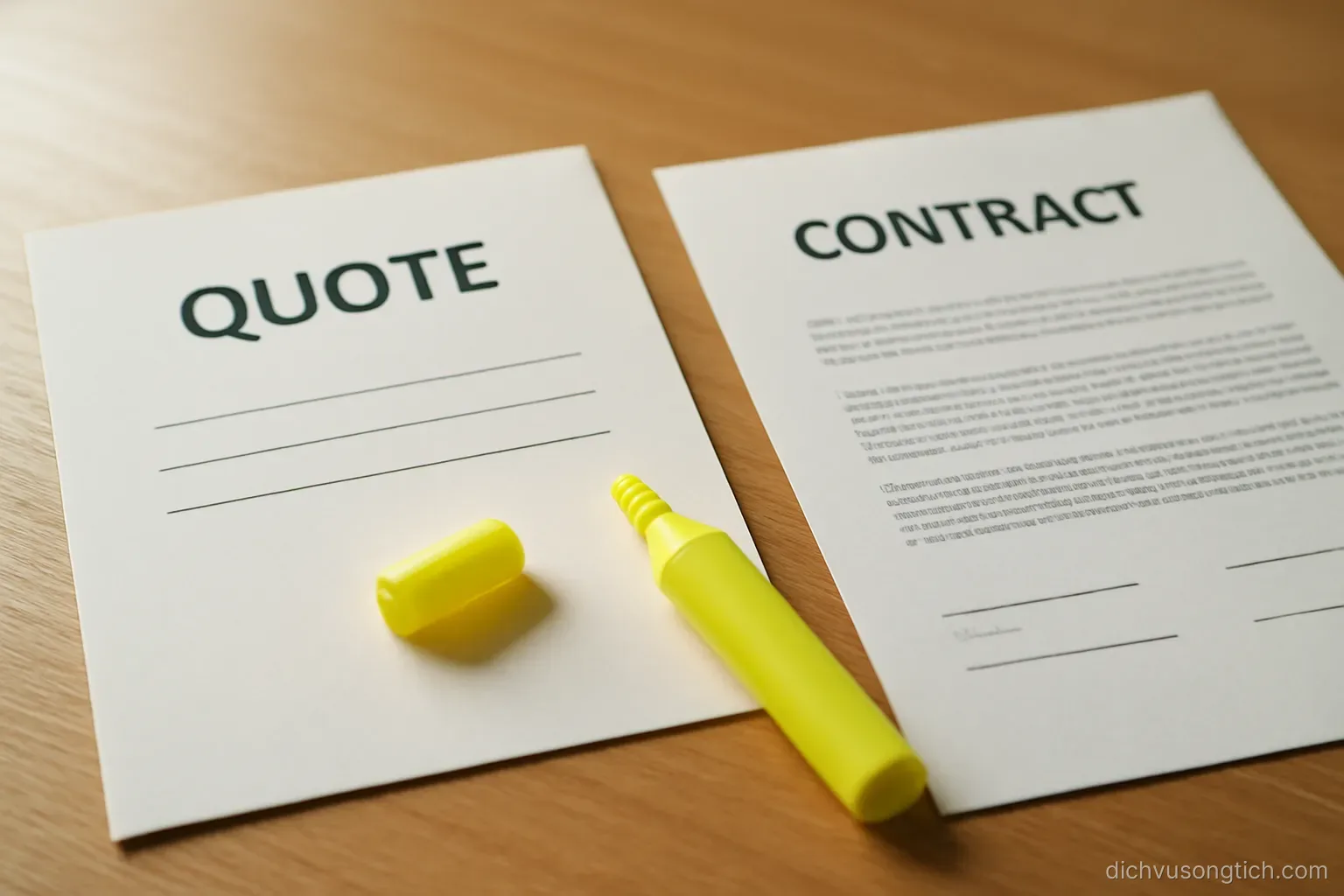 a printed quotation and a draft contract lying side by side, a highlighter cap left open beside them