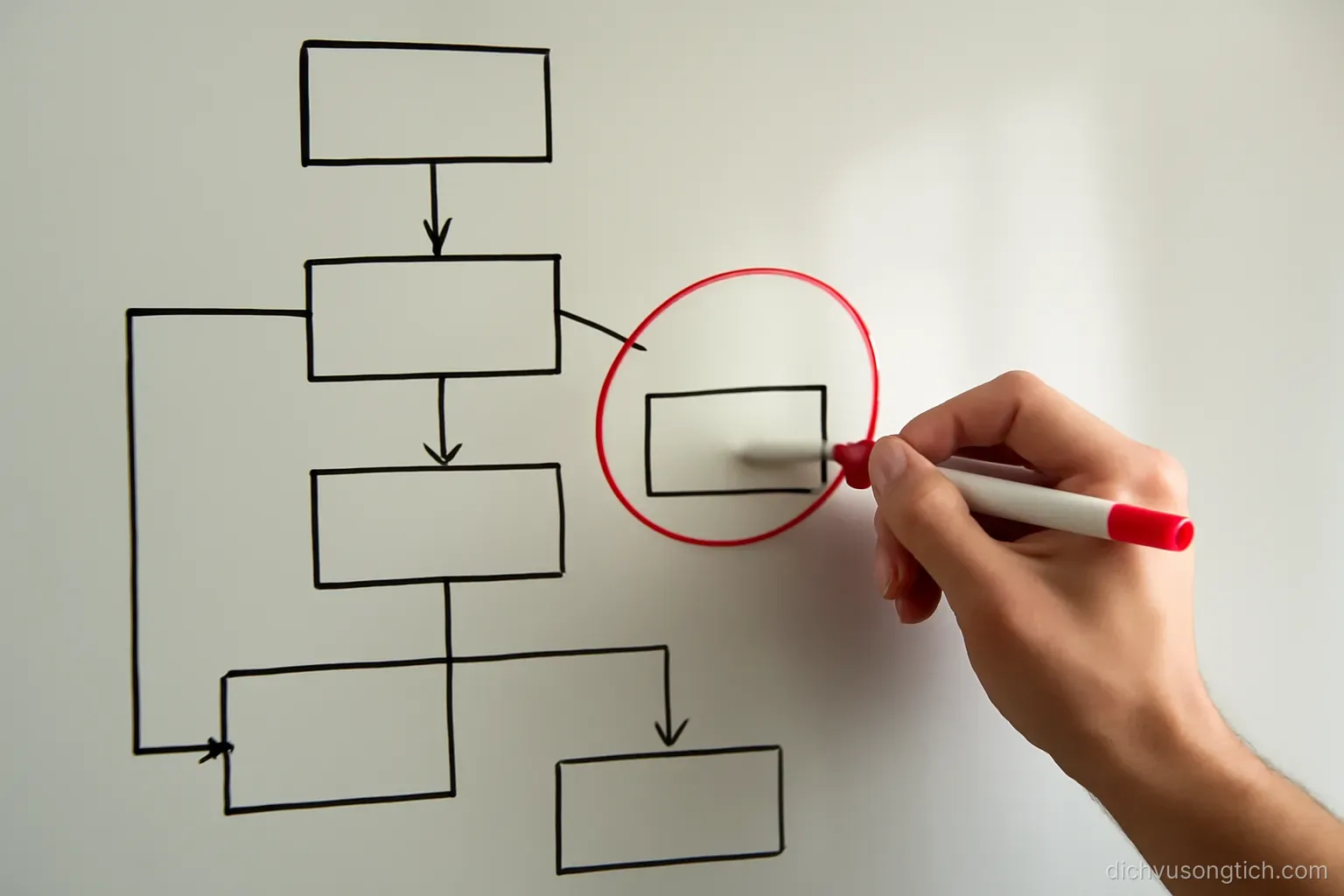a hand-drawn flow diagram on a whiteboard with several boxes and one circled in red marker