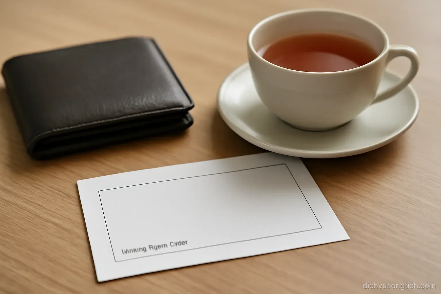 a bank transfer confirmation slip on a table next to a closed wallet and a cup of tea