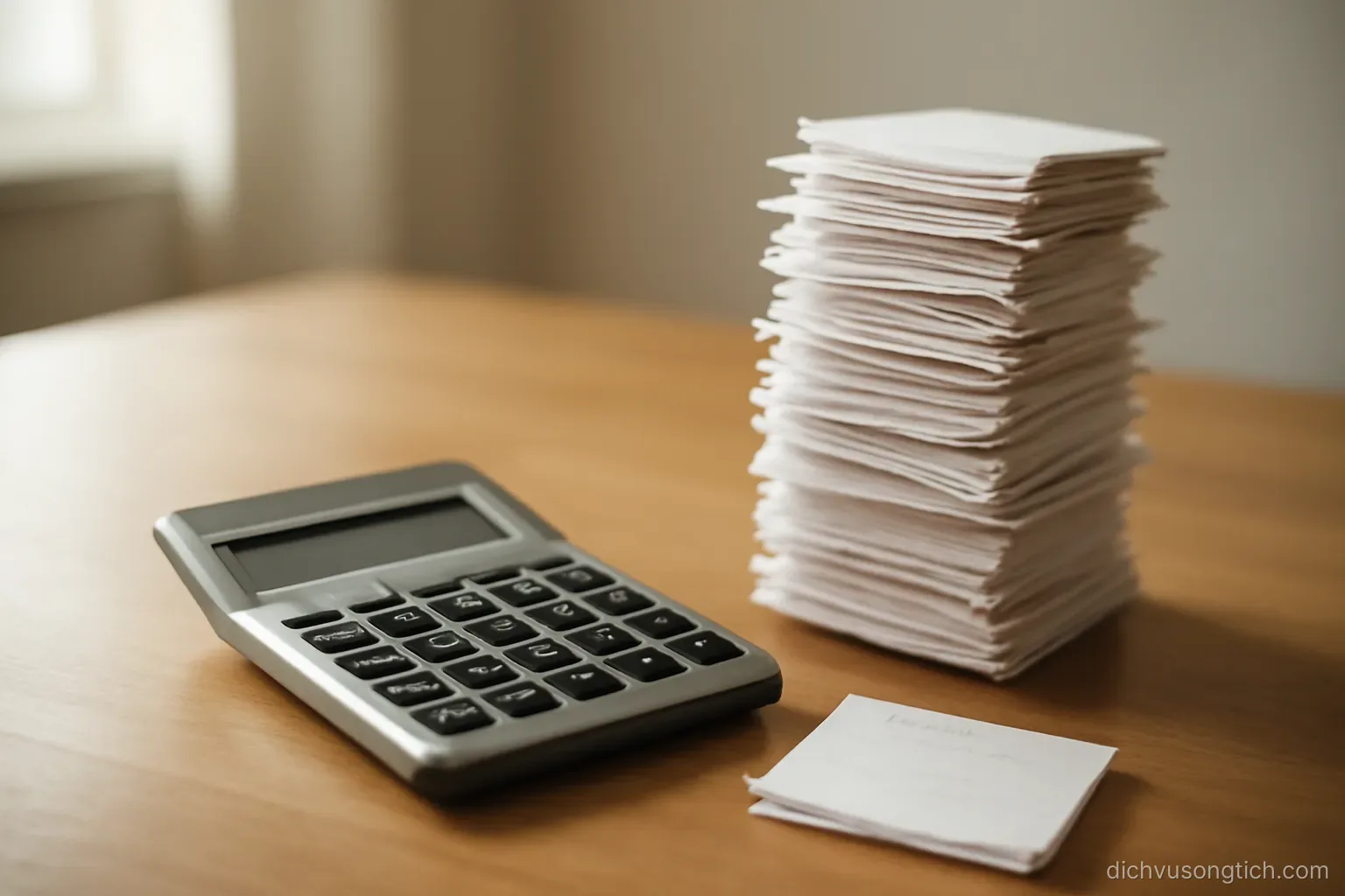 a calculator and two stacks of receipts on a table, one stack noticeably taller than the other
