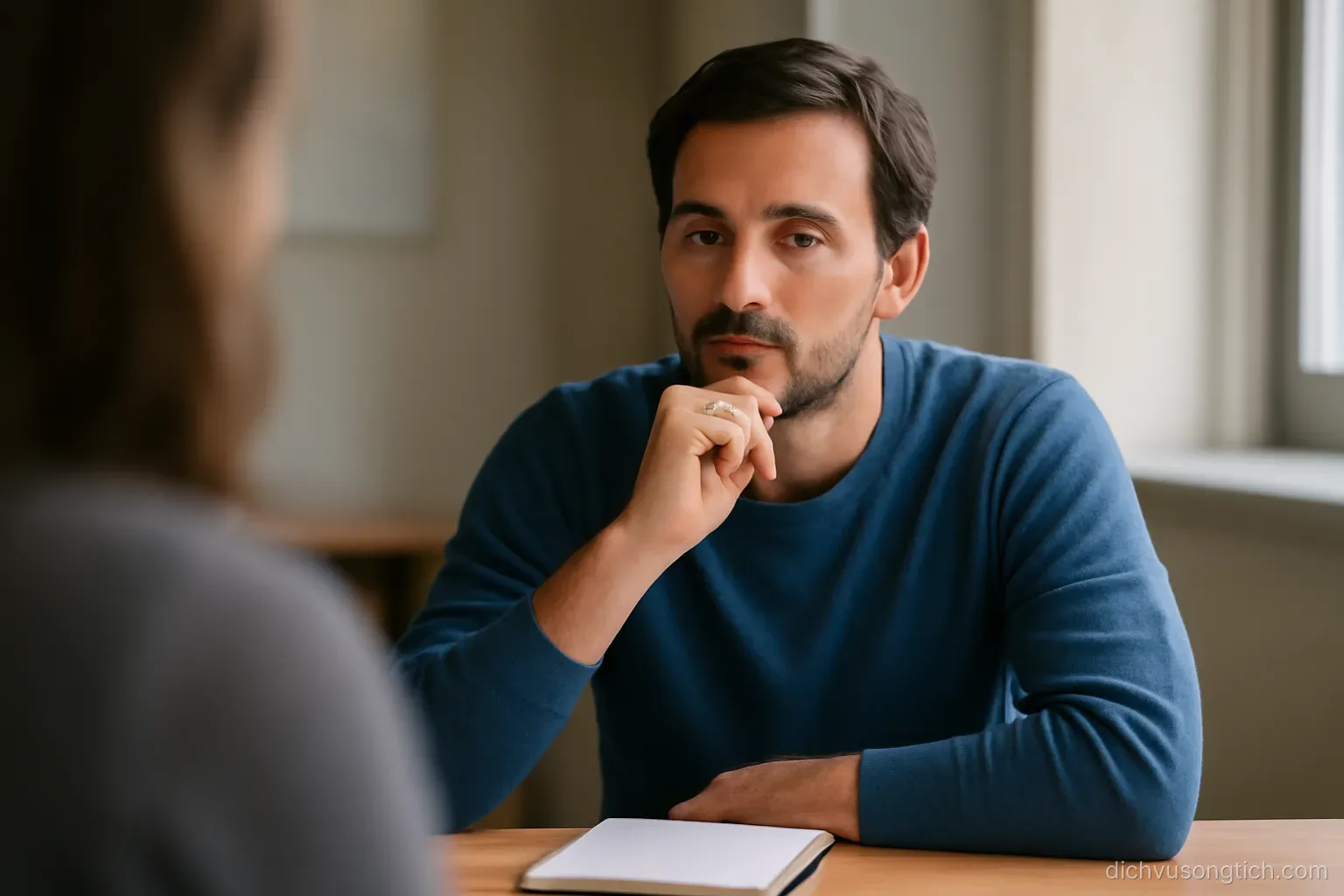 a person listening attentively during a conversation, chin resting on hand, notepad untouched on the table
