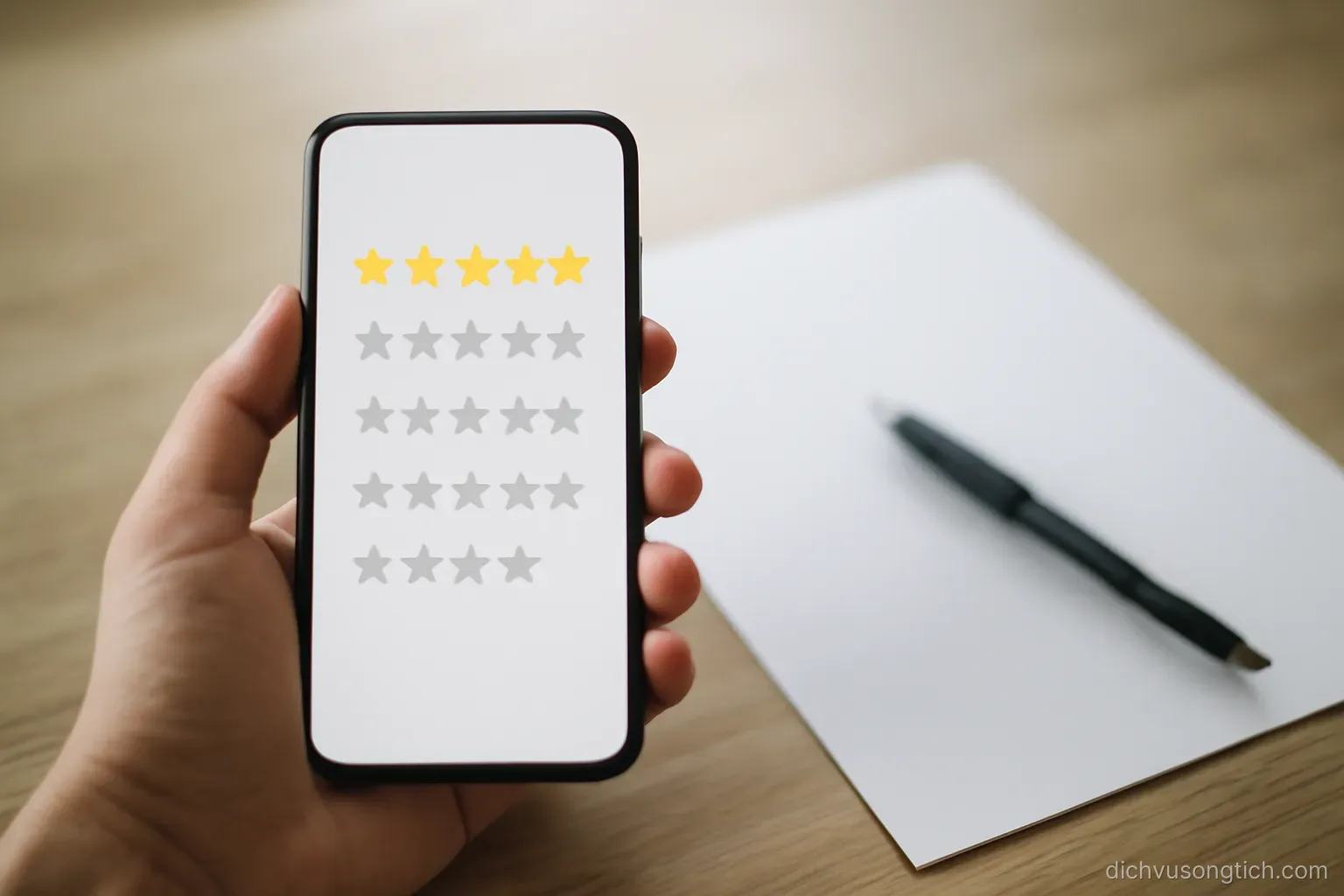 a phone screen showing a list of star ratings, held above a table where a pen rests on blank paper