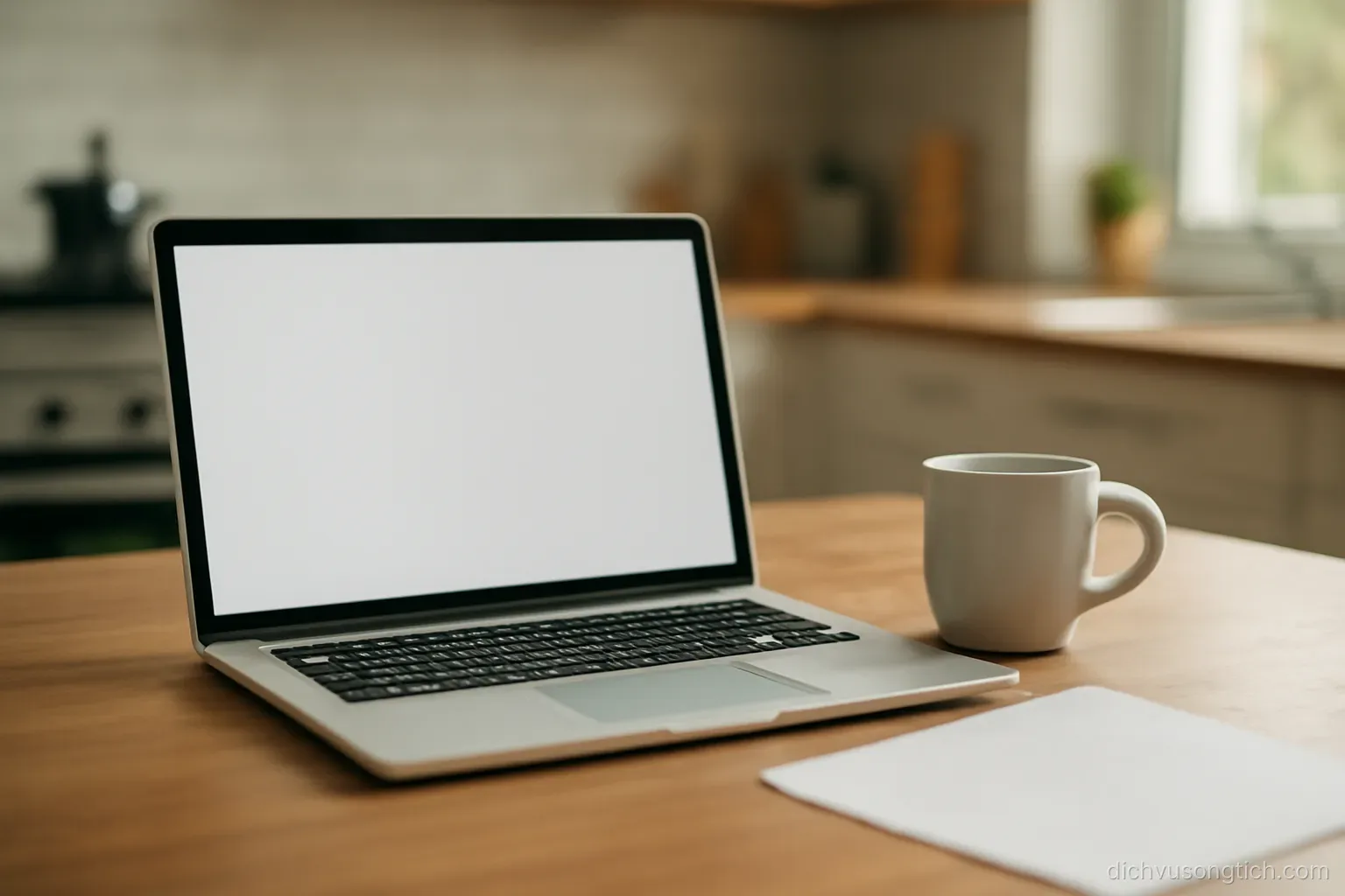 a laptop open on a kitchen table during a video call, a mug and a printed page beside the keyboard