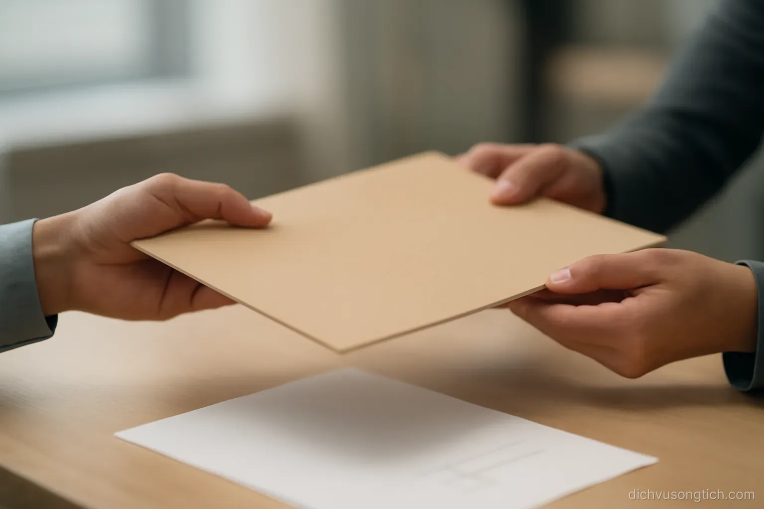 a folder being handed across a counter between two pairs of hands, a signed slip on the surface below