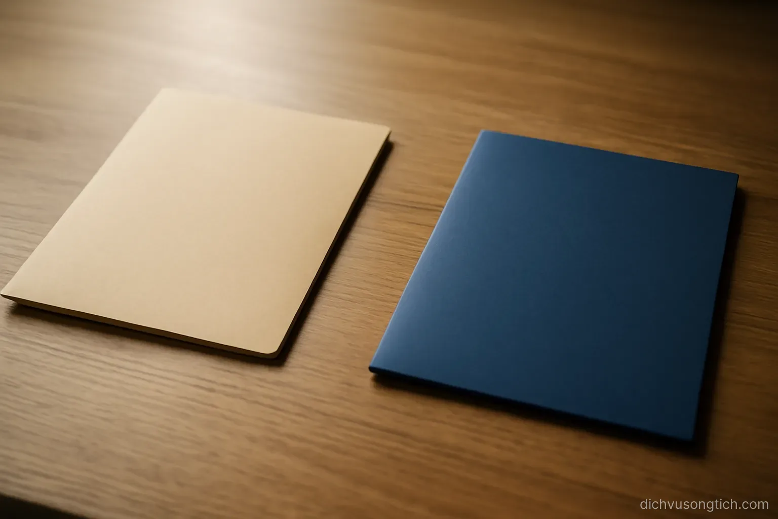 two separate folders lying apart on a desk with a clear gap of empty wood between them