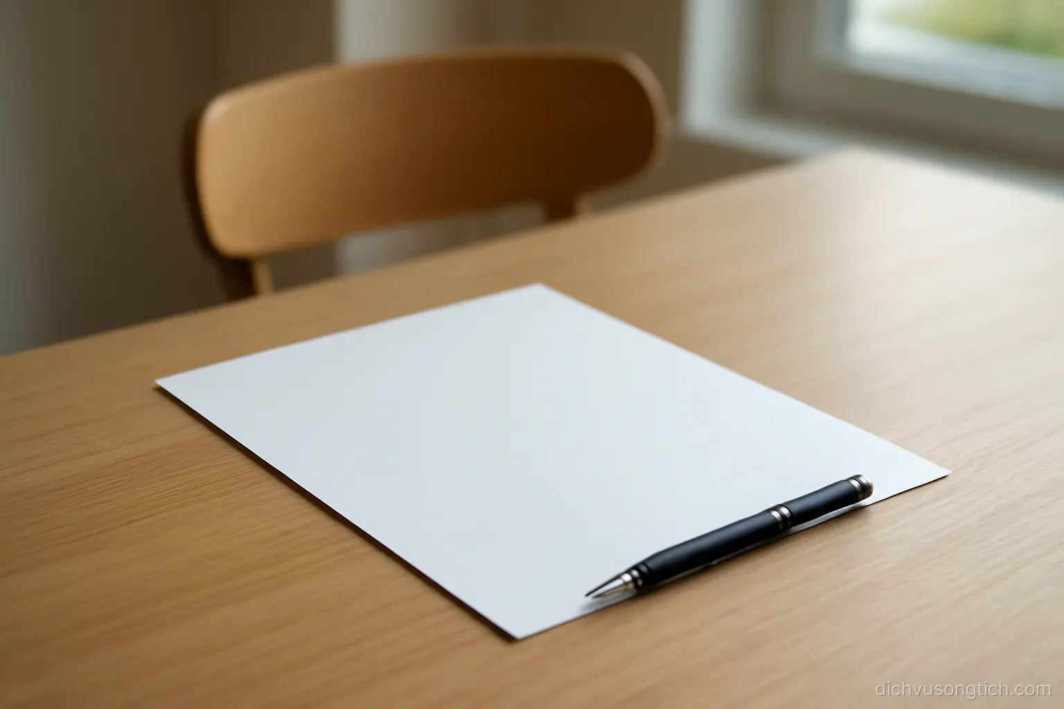 a blank form on a table with a pen placed beside it, a chair pushed back from the desk