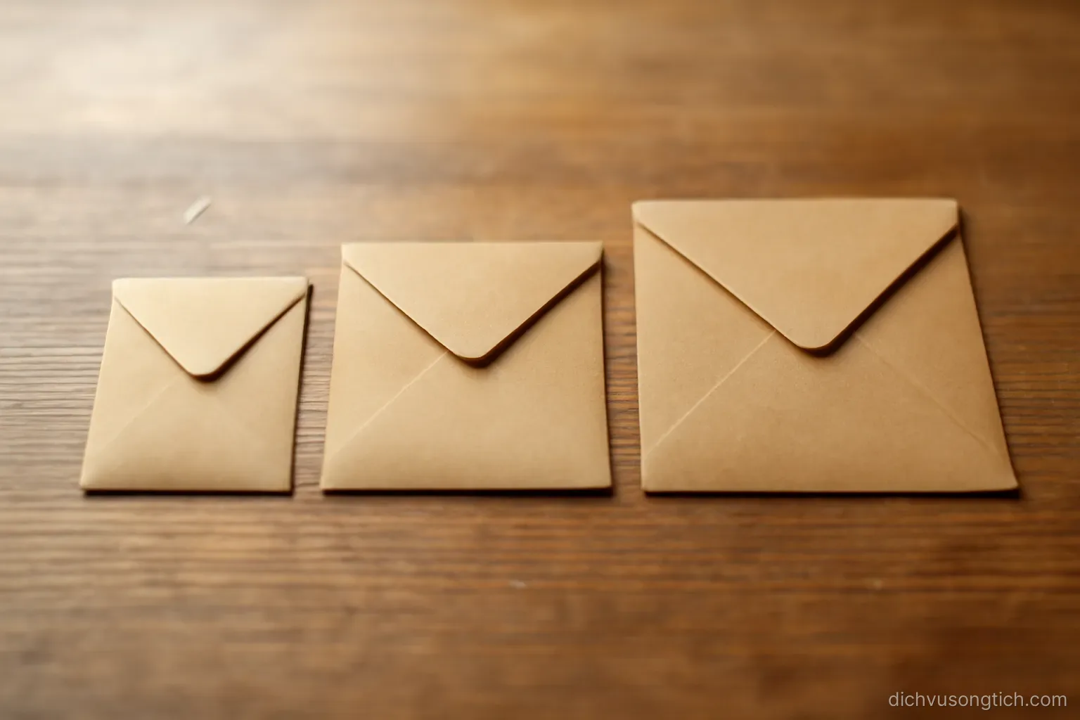 three small paper envelopes lined up on a wooden surface, each a slightly different size