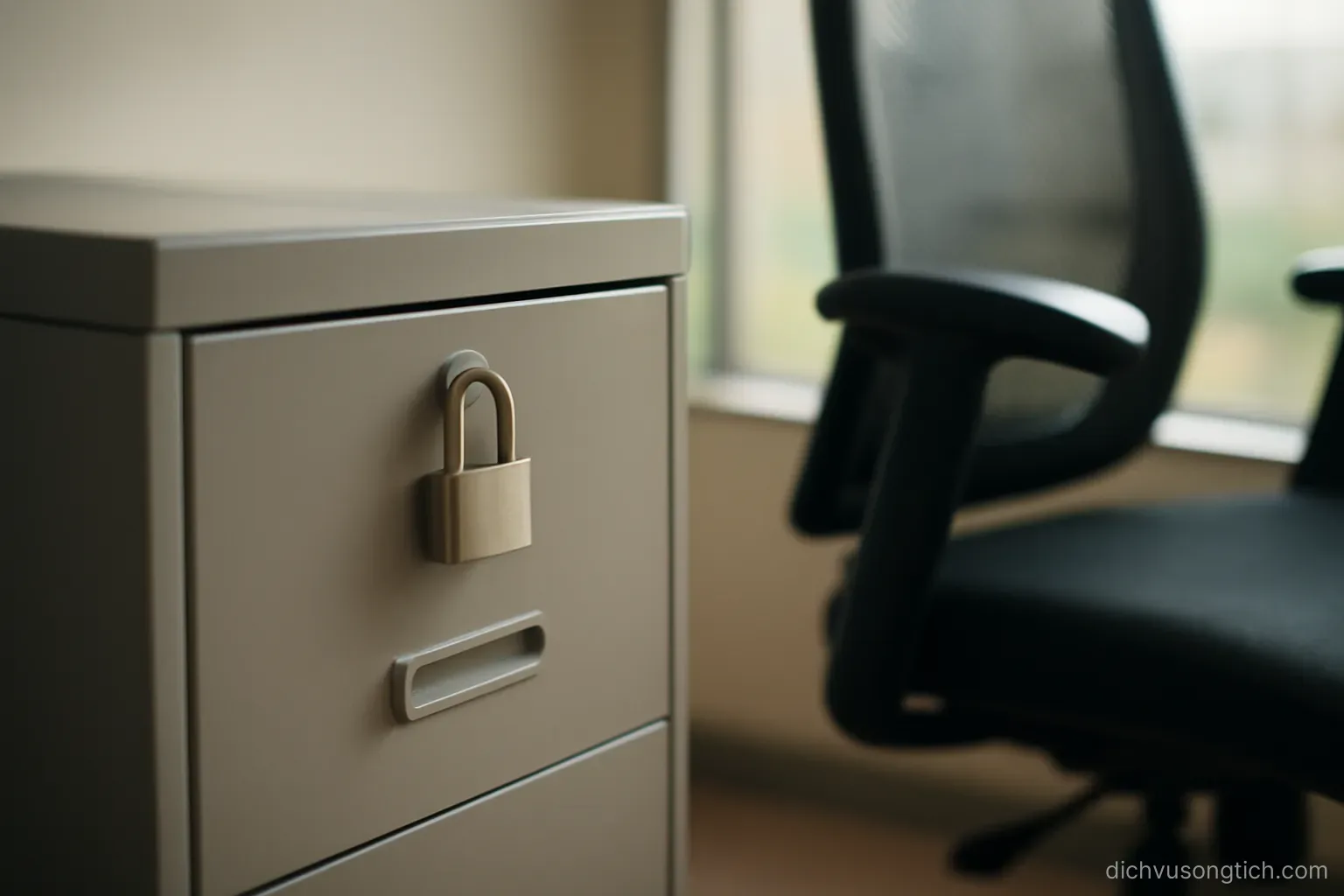 a closed filing cabinet drawer with a small padlock, an office chair standing empty beside it