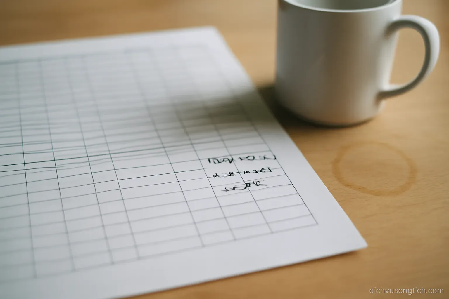 a spreadsheet printed on paper with handwritten additions in the margin, a mug leaving a ring on the corner