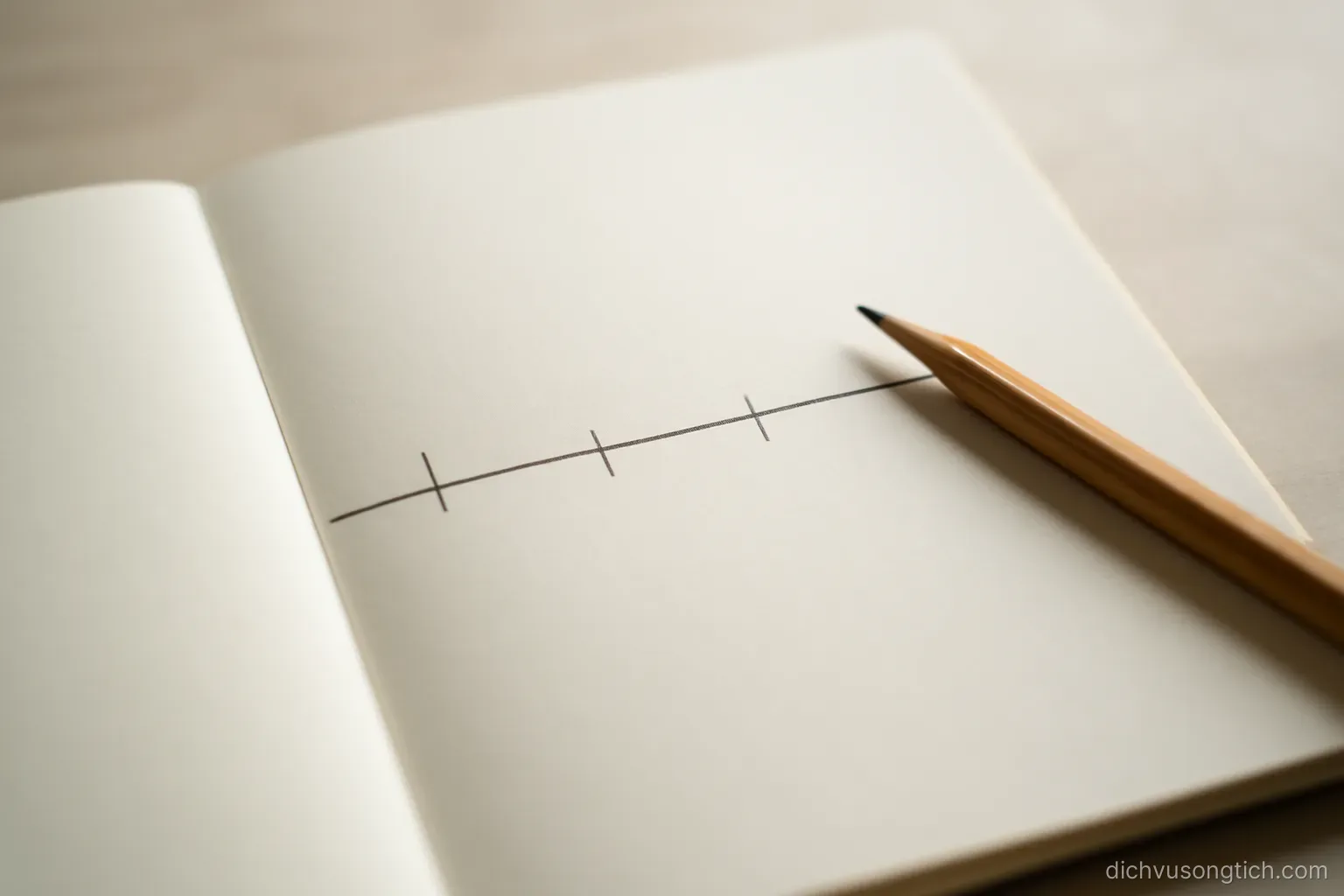 a timeline sketched across a page with four marks along it, a pencil resting at one end