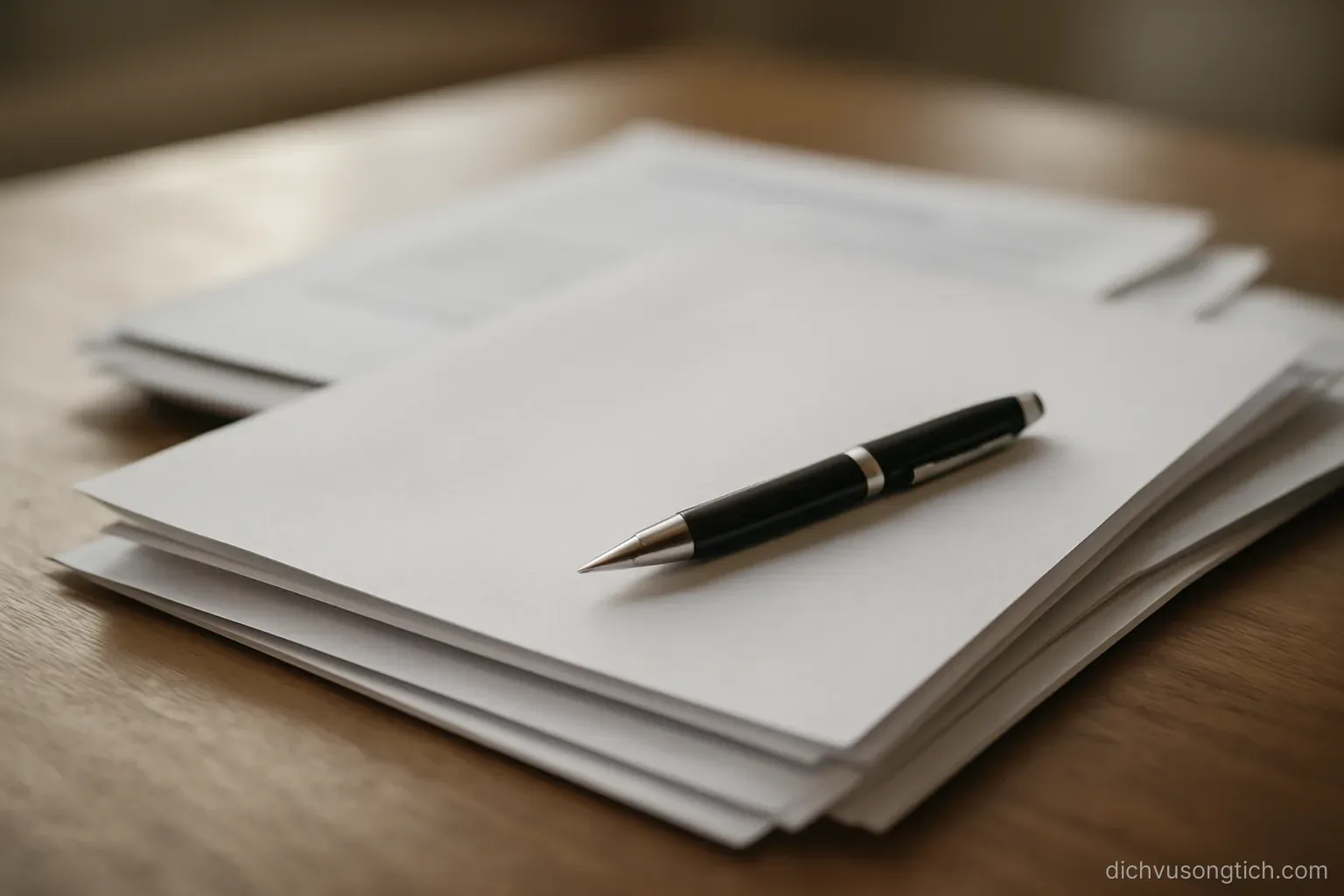 a stack of personal documents spread on a table with a pen resting on the topmost page