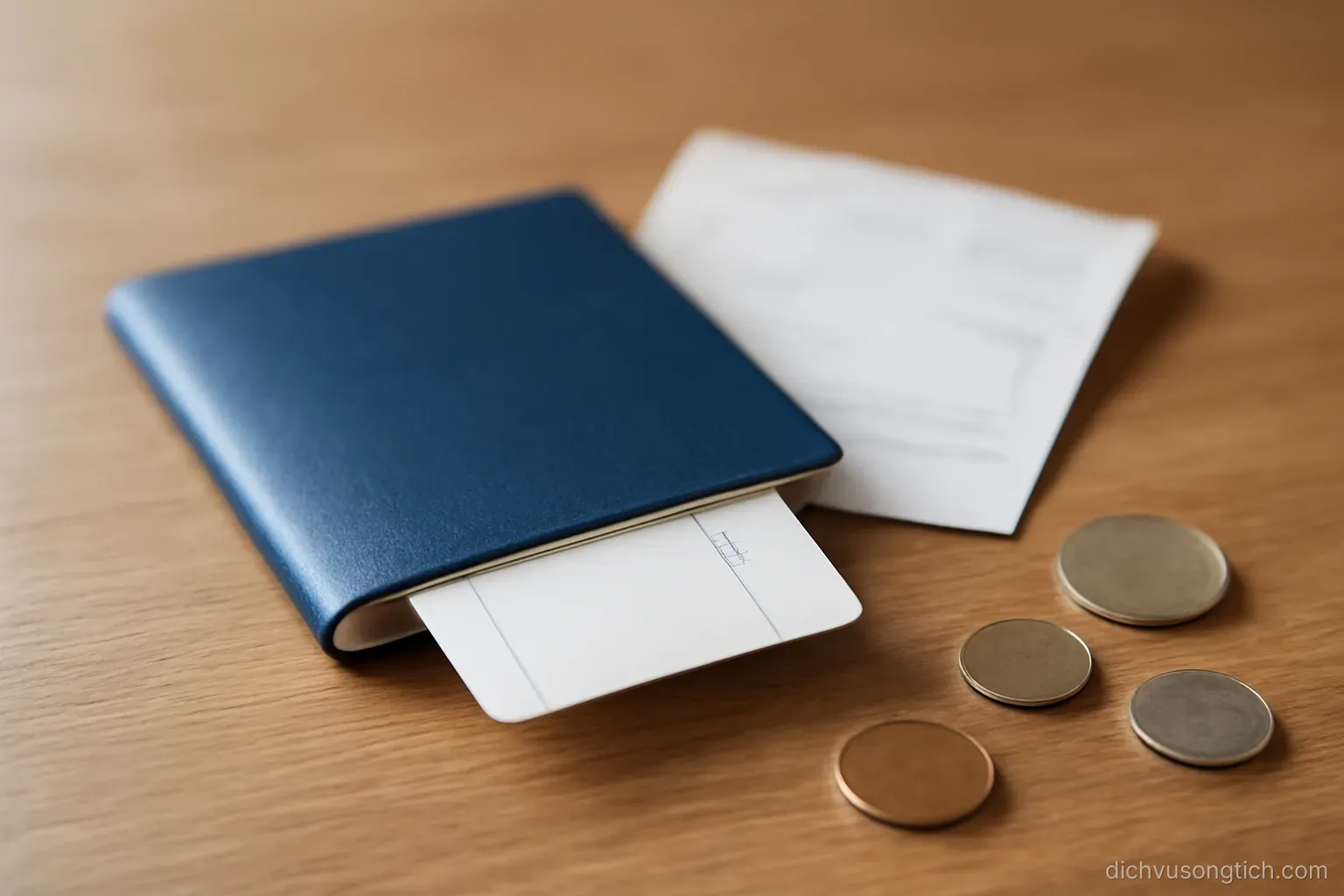 a boarding pass tucked inside a passport lying on a table beside a receipt and loose coins