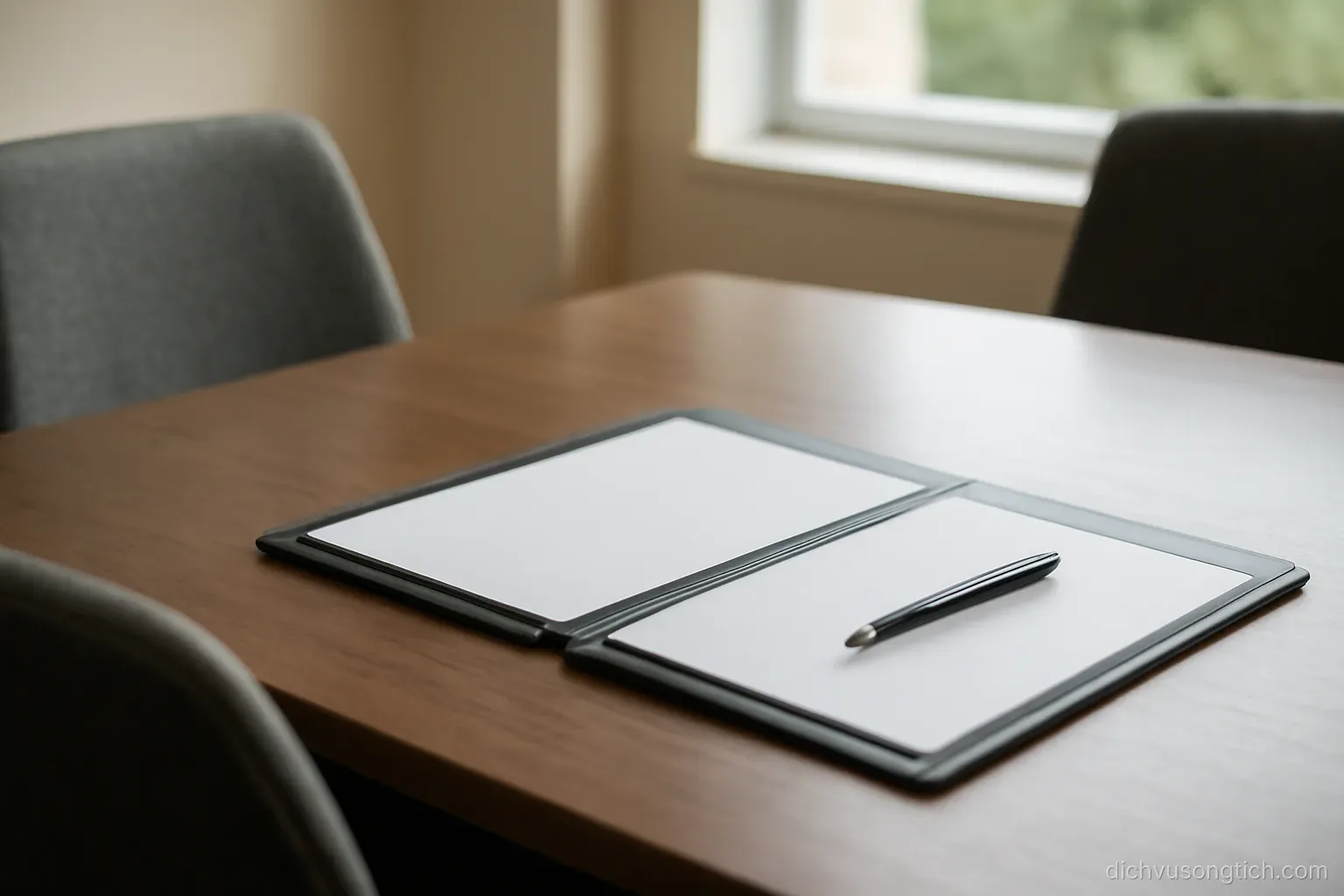 a consultation desk with a folder open between two seats, a pen lying on a marked page
