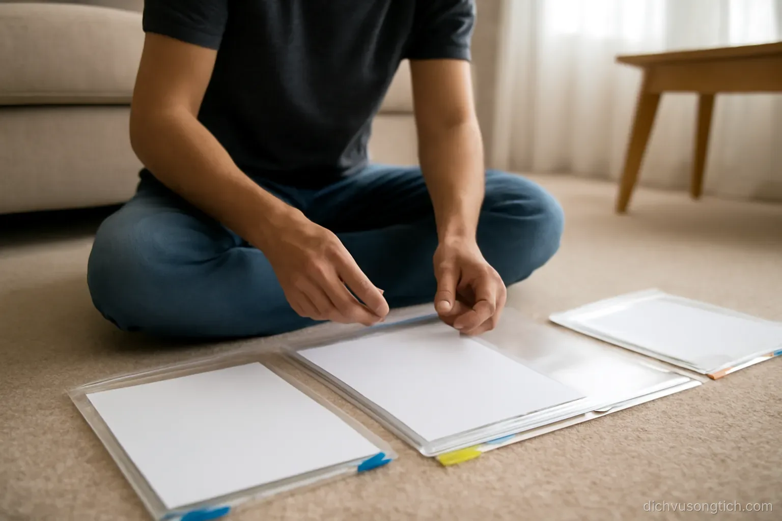 a person organising documents into labelled plastic sleeves on a living room floor