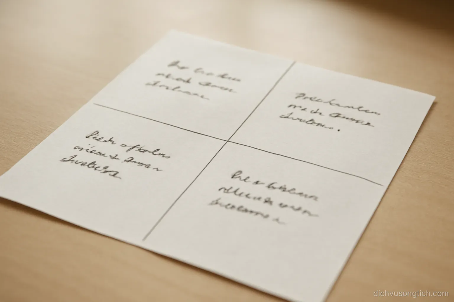 a sheet of paper divided into four quadrants with short handwritten notes in each