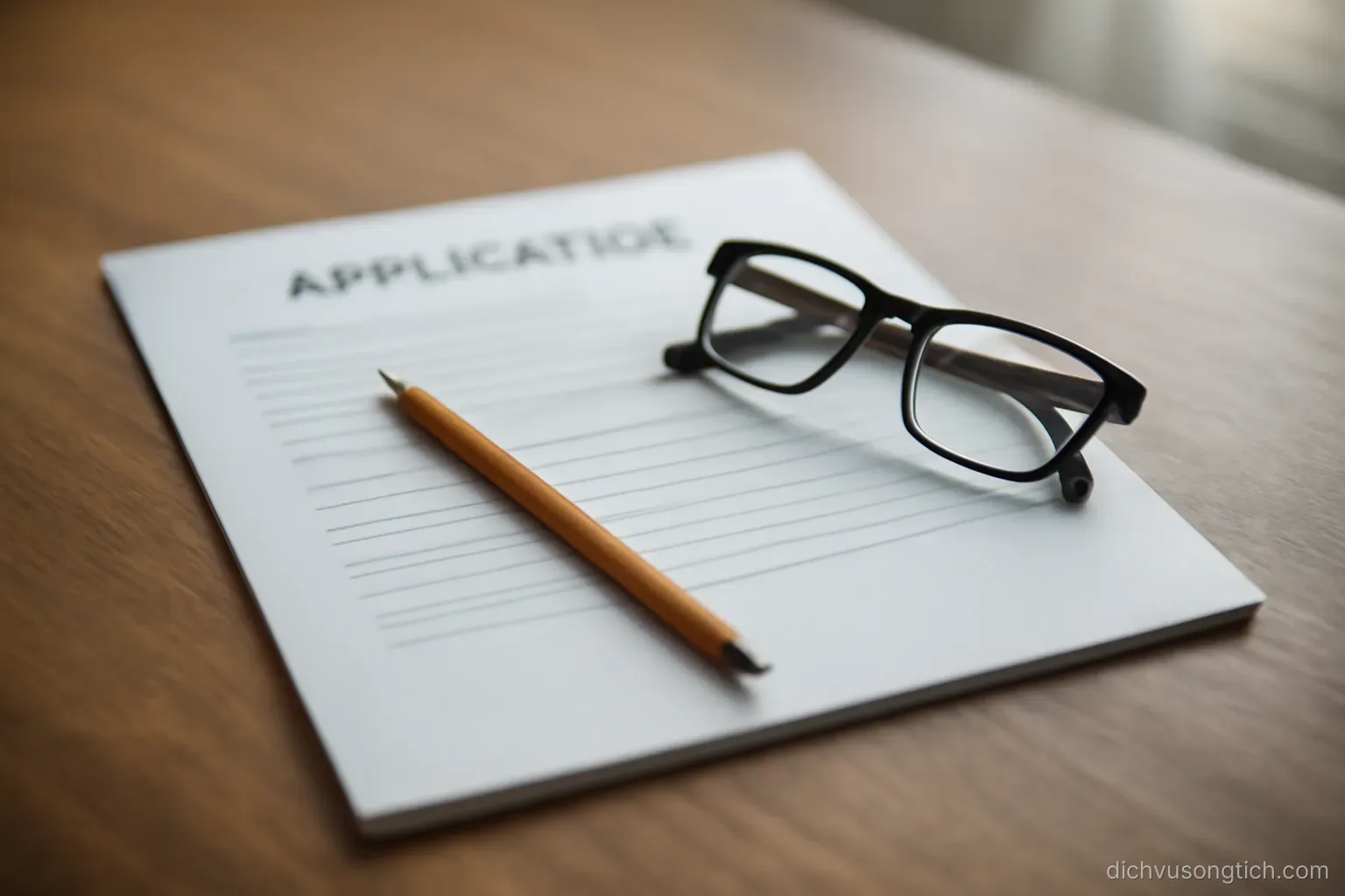 a printed application packet open on a table with a pencil and a folded pair of glasses on top