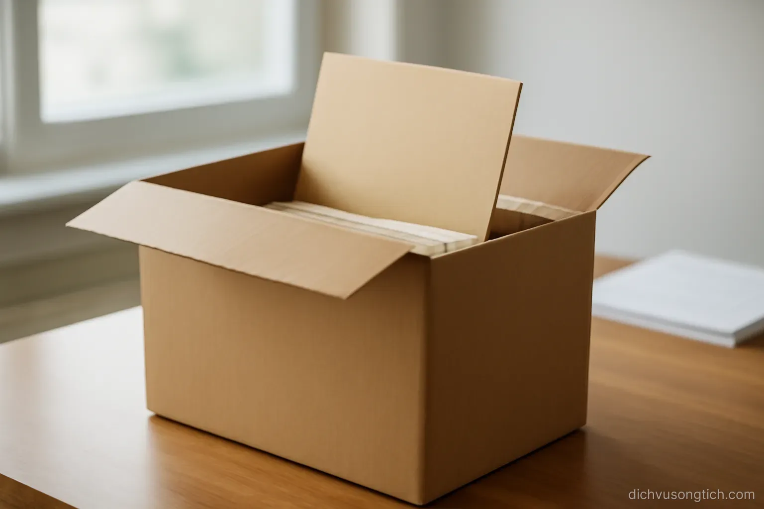 a cardboard box of documents sitting on a desk with the lid open and one folder standing upright inside