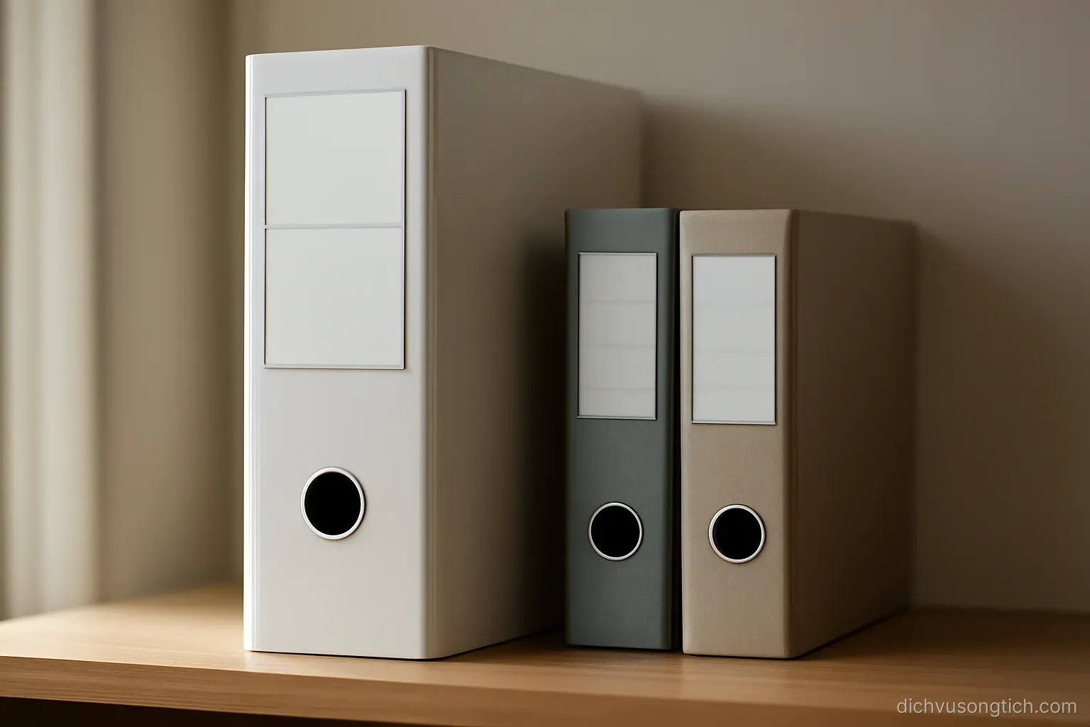 a labelled ring binder standing upright on a shelf beside two smaller folders
