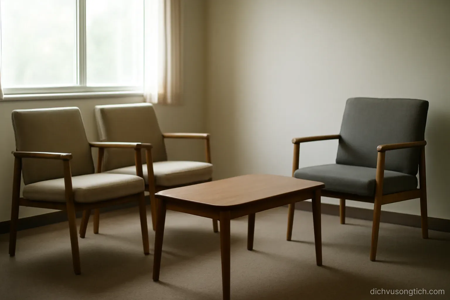 two chairs facing a single empty chair across a low table in a quiet room