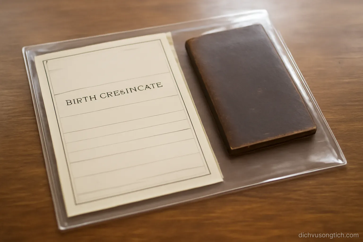 a birth certificate and an old passport placed inside a plastic sleeve on a wooden table