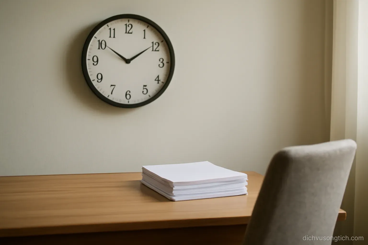 a wall clock and a stack of unsigned papers on a desk, a chair turned slightly away from the table