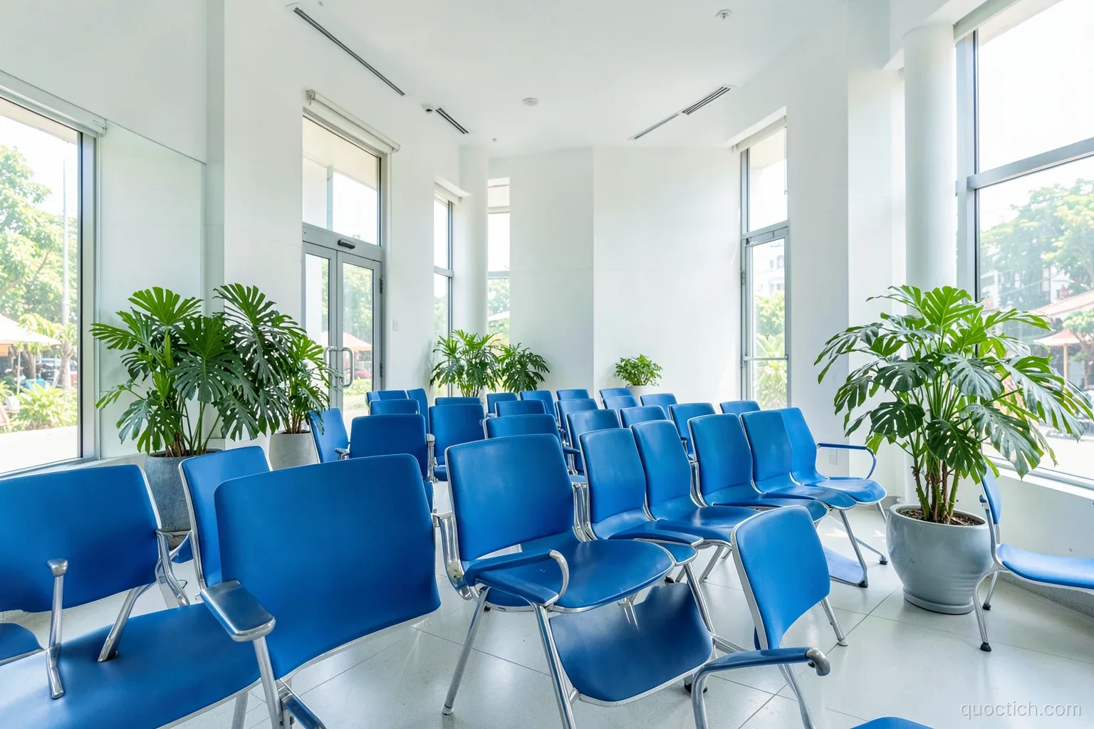Sunlit modern public service hall in Hanoi with rows of empty blue chairs, potted green plants and tall windows, wide shot, no people, clean white and blue tones
