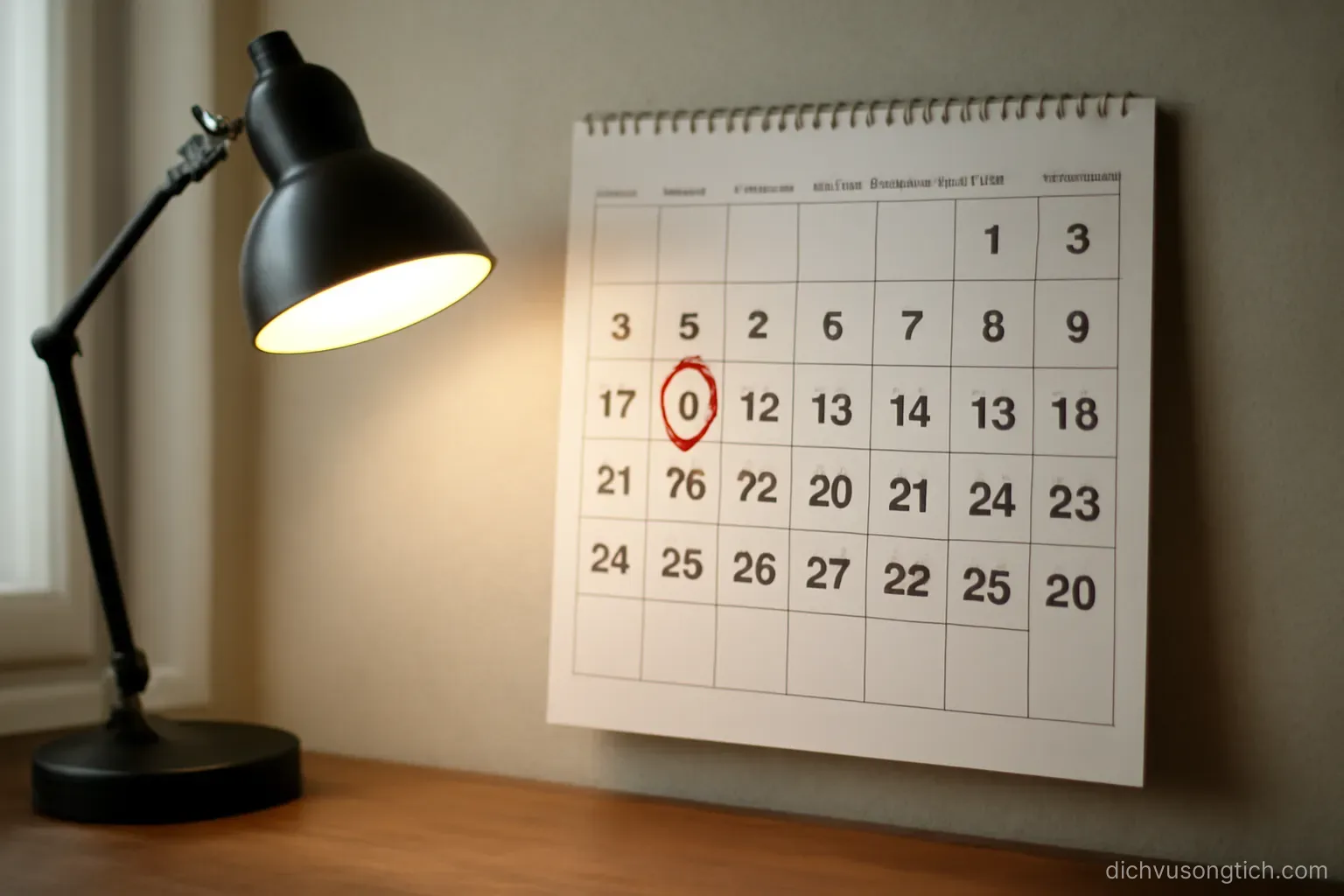 a wall calendar with two dates circled in different colours, a desk lamp casting light from the left
