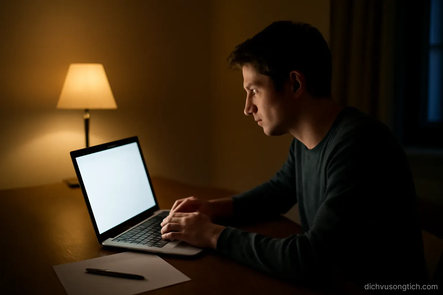 a person composing a message at a desk in the evening, one lamp on and the room otherwise dim