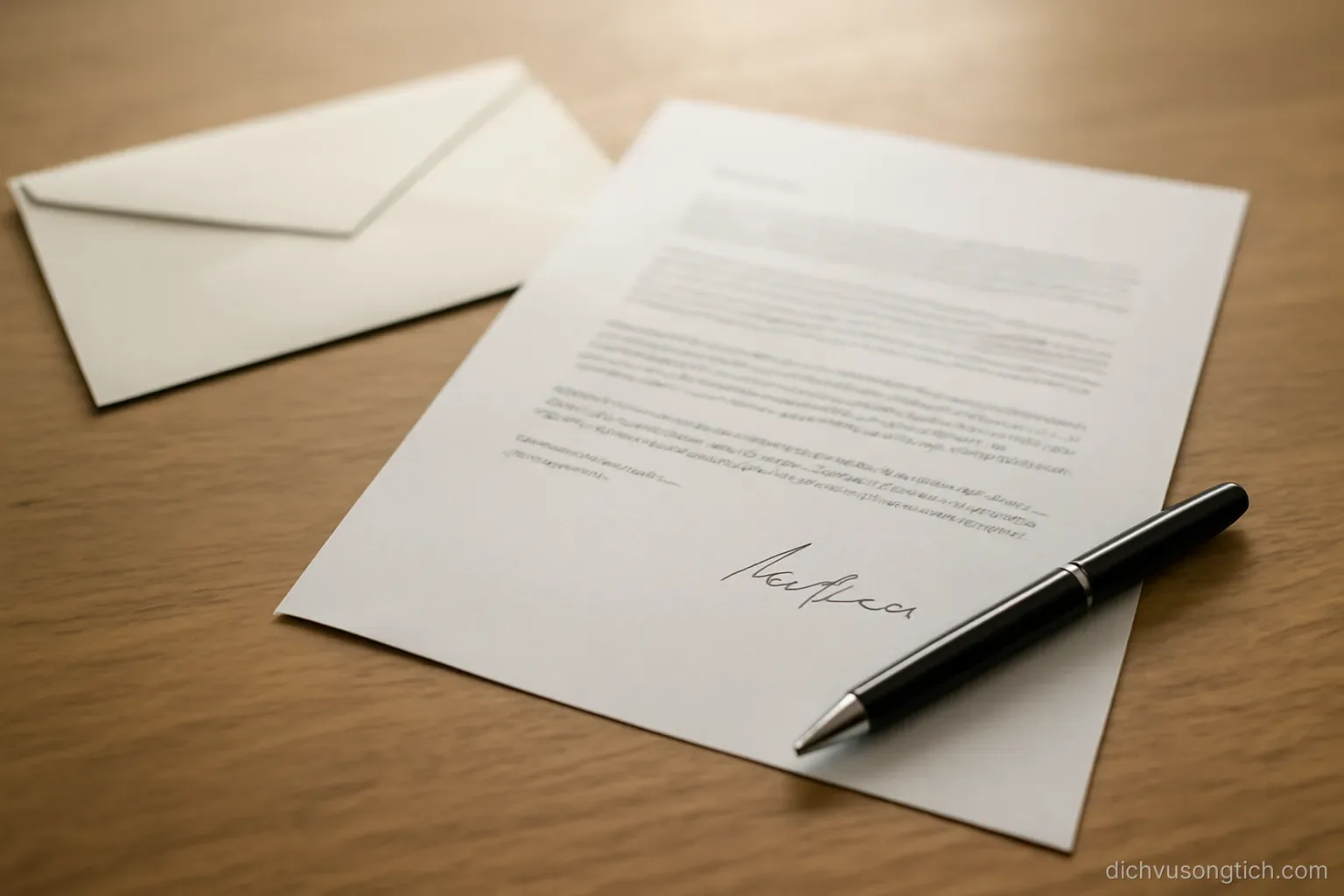 a typed letter printed and signed, lying on a desk next to an envelope and a pen